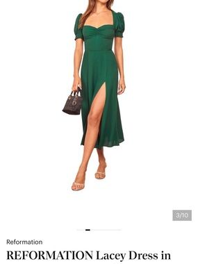 Reformation Lacey Midi Dress in Deep Green with Puff Sleeves